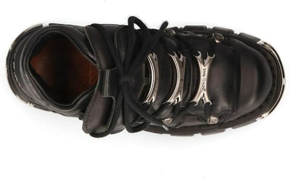 New Rock 106-S1 Unisex Metallic Black Gothic Classic Leather Biker Ankle Tower Boots