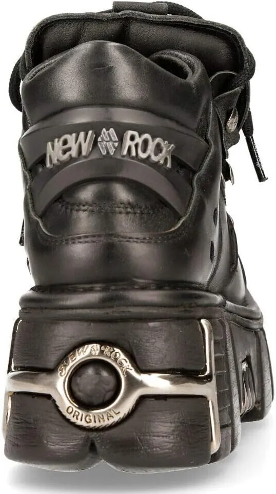 New Rock 106-S1 Unisex Metallic Black Gothic Classic Leather Biker Ankle Tower Boots