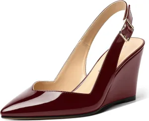 NUMALEO Womens Ankle Strap Bridal Buckle Pointed Toe Dress Patent Wedge High Heel Pumps Shoes 3.3 Inch