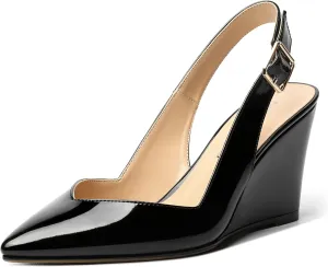 NUMALEO Womens Ankle Strap Bridal Buckle Pointed Toe Dress Patent Wedge High Heel Pumps Shoes 3.3 Inch