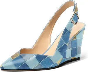 NUMALEO Womens Ankle Strap Bridal Buckle Pointed Toe Dress Patent Wedge High Heel Pumps Shoes 3.3 Inch