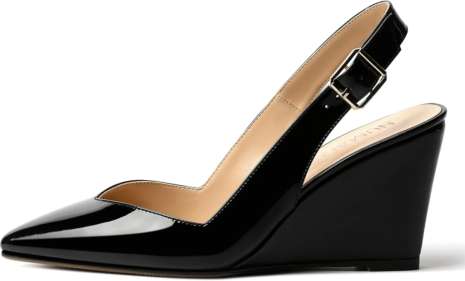 NUMALEO Womens Ankle Strap Bridal Buckle Pointed Toe Dress Patent Wedge High Heel Pumps Shoes 3.3 Inch