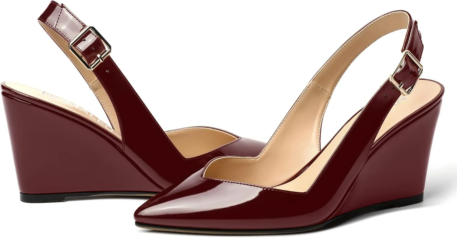 NUMALEO Womens Ankle Strap Bridal Buckle Pointed Toe Dress Patent Wedge High Heel Pumps Shoes 3.3 Inch