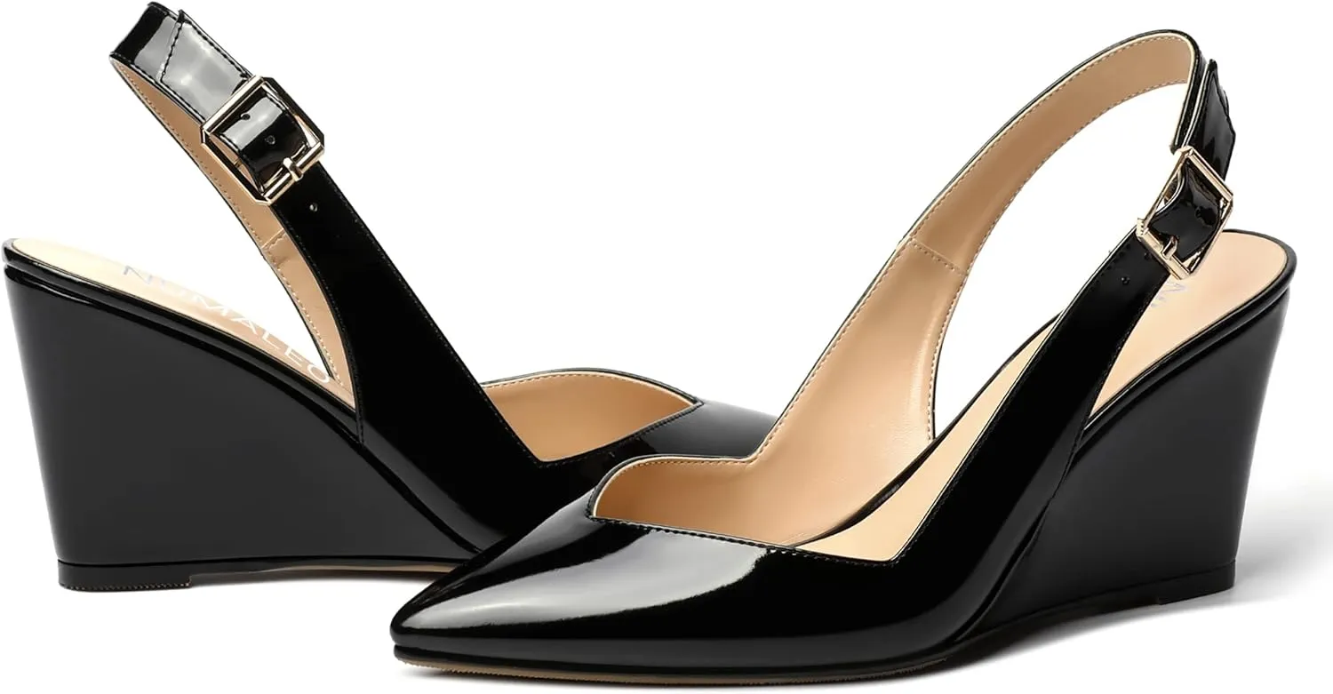 NUMALEO Womens Ankle Strap Bridal Buckle Pointed Toe Dress Patent Wedge High Heel Pumps Shoes 3.3 Inch