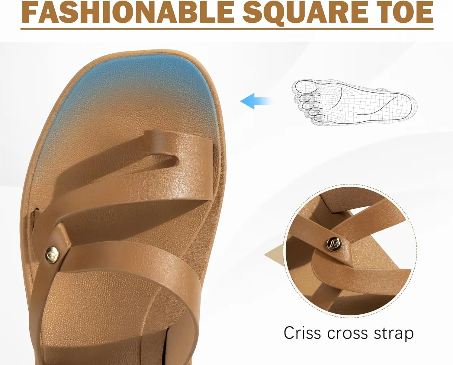 ONCAI Flat Sandals for Women Trendy Square Open Split-Toe Ring Summer Dressy Cross Strappy Slides Sandles with Slip-on Rubber Soles