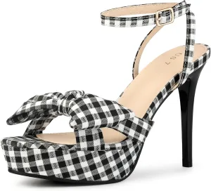 Perphy Bow Platform Stiletto Heel Plaid Heels Sandals for Women