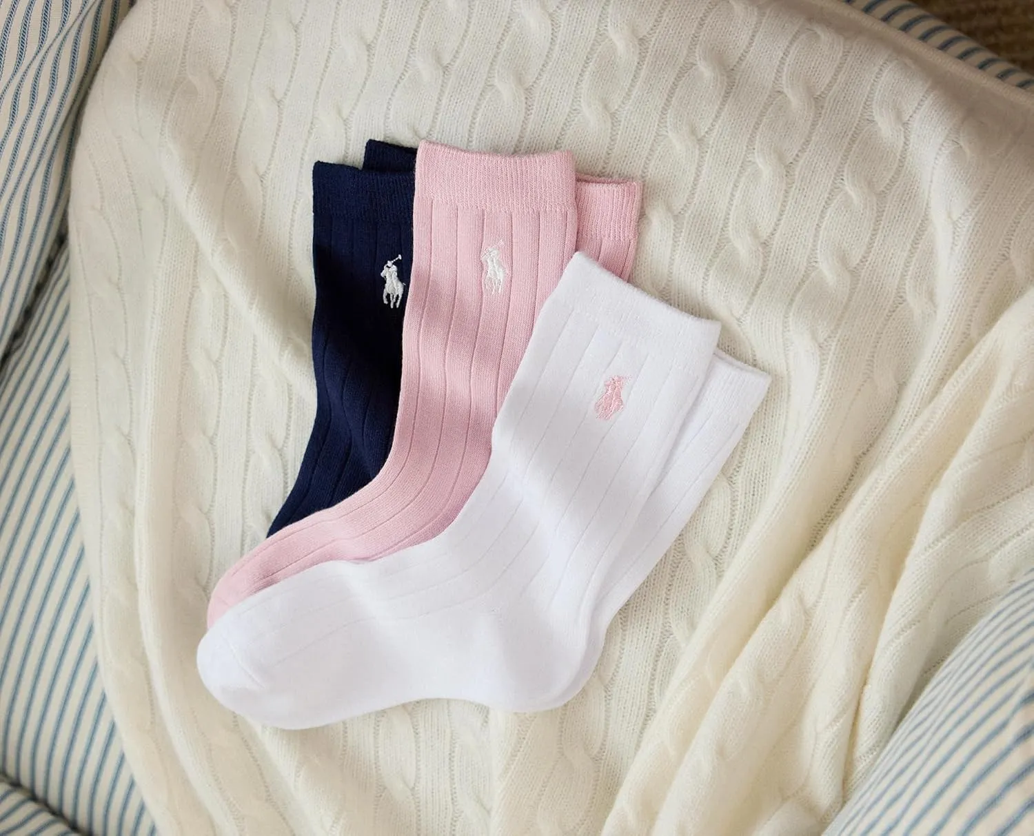 POLO RALPH LAUREN Girls Solid Rib Dress Crew Socks 3 Pair Pack Sustainable Cotton Comfort