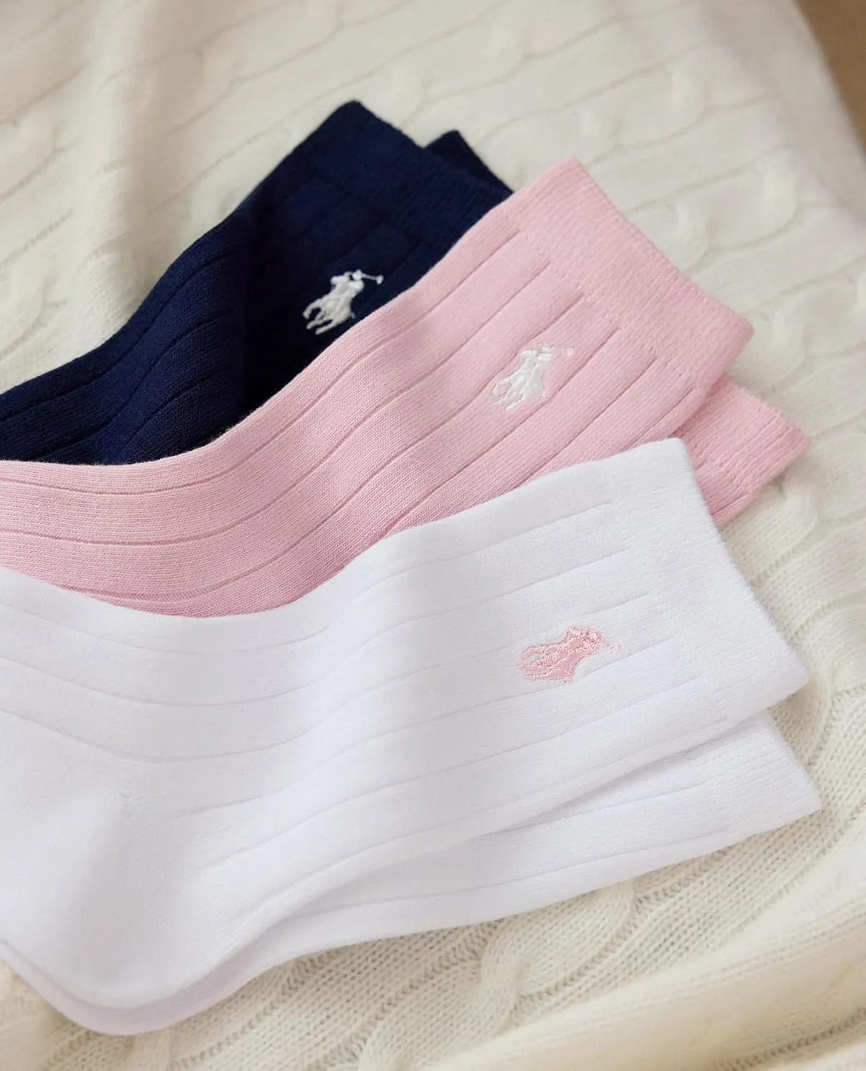 POLO RALPH LAUREN Girls Solid Rib Dress Crew Socks 3 Pair Pack Sustainable Cotton Comfort