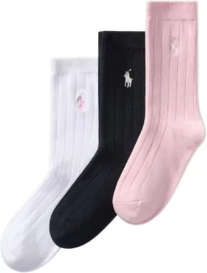 POLO RALPH LAUREN Girls Solid Rib Dress Crew Socks 3 Pair Pack Sustainable Cotton Comfort