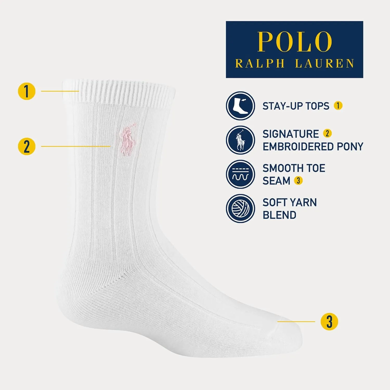 POLO RALPH LAUREN Girls Solid Rib Dress Crew Socks 3 Pair Pack Sustainable Cotton Comfort