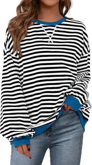 PRETTYGARDEN Womens Striped Oversized Sweatshirt Color Block Crew Neck Long Sleeve Casual Loose Pullover Top Y2K Clothes