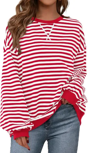 PRETTYGARDEN Womens Striped Oversized Sweatshirt Color Block Crew Neck Long Sleeve Casual Loose Pullover Top Y2K Clothes