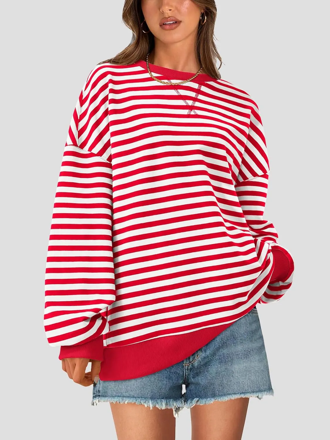 PRETTYGARDEN Womens Striped Oversized Sweatshirt Color Block Crew Neck Long Sleeve Casual Loose Pullover Top Y2K Clothes