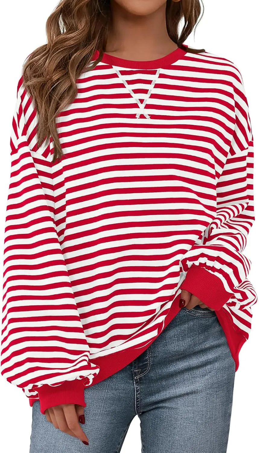 PRETTYGARDEN Womens Striped Oversized Sweatshirt Color Block Crew Neck Long Sleeve Casual Loose Pullover Top Y2K Clothes