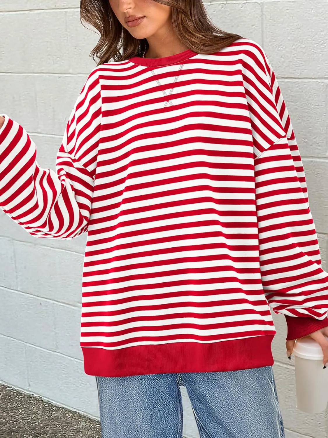 PRETTYGARDEN Womens Striped Oversized Sweatshirt Color Block Crew Neck Long Sleeve Casual Loose Pullover Top Y2K Clothes