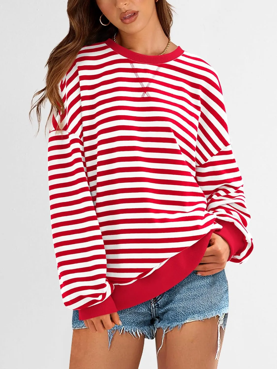 PRETTYGARDEN Womens Striped Oversized Sweatshirt Color Block Crew Neck Long Sleeve Casual Loose Pullover Top Y2K Clothes