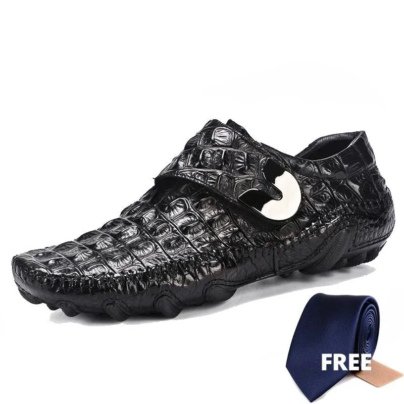 QFFAZ Famous Luxury Driving Shoes Mens Shoes Genuine Leather Shoes Loafer Cow Leather Crocodile Pattern Hasp Casual Shoes