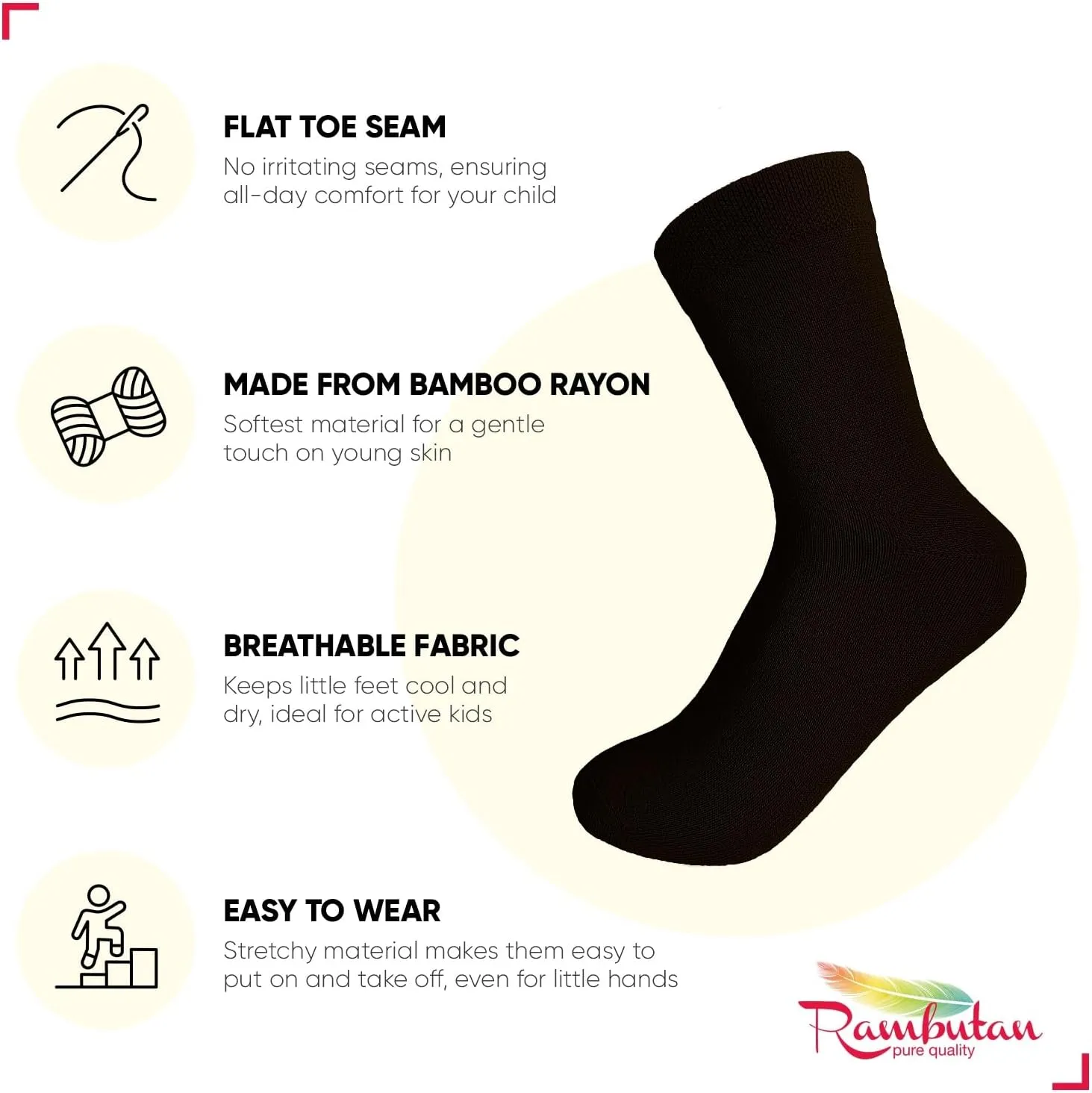 Rambutan Kids (3 Pack) Comfort Seam Plain Color Rayon derived from bamboo School Socks