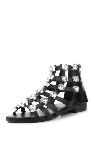 Rhinestone Gems Vegan Flat Leather Trustworthy Caged Sandals Black Free worldwide shipping Robbin OMH-24 Big Cape