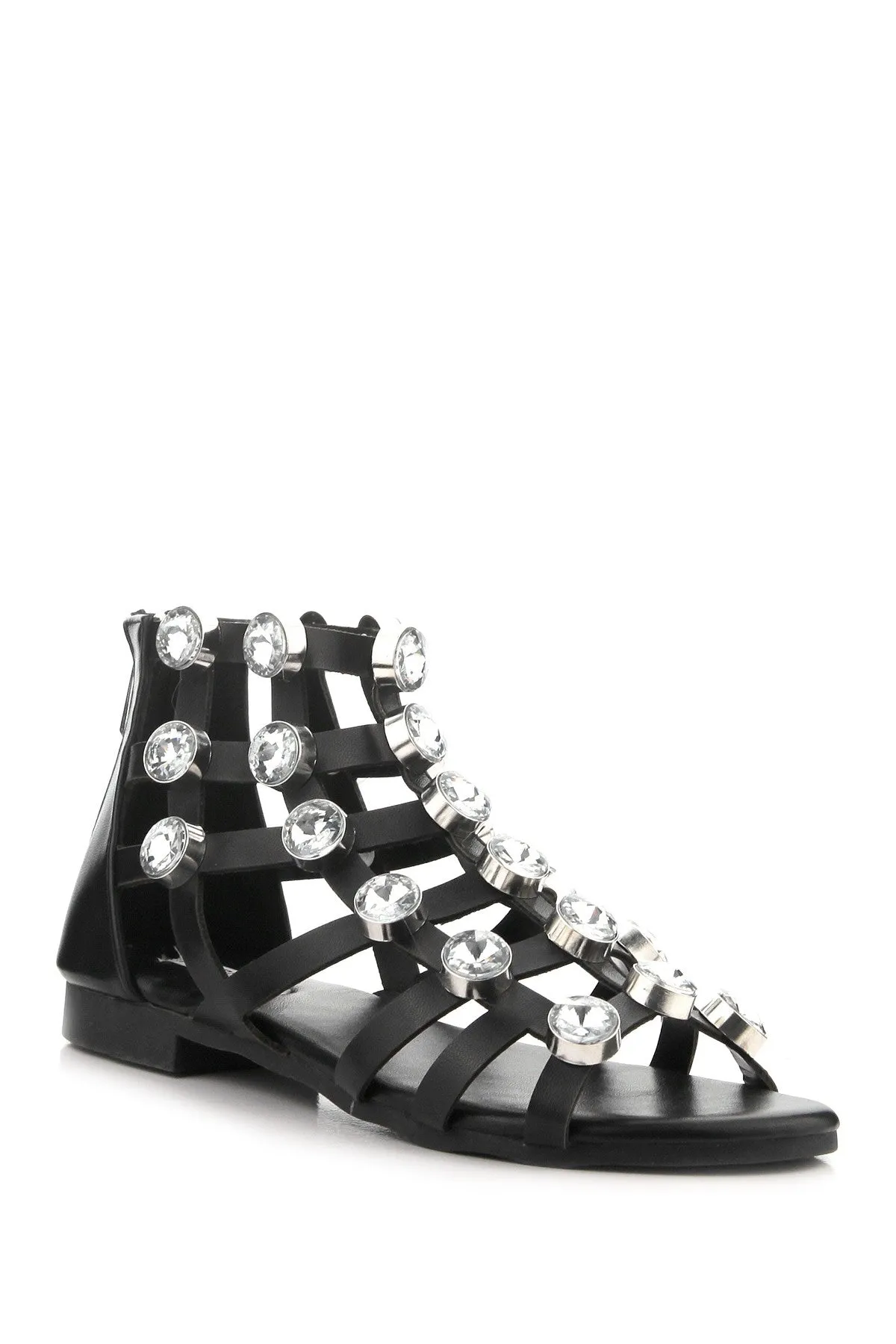 Rhinestone Gems Vegan Flat Leather Trustworthy Caged Sandals Black Free worldwide shipping Robbin OMH-24 Big Cape
