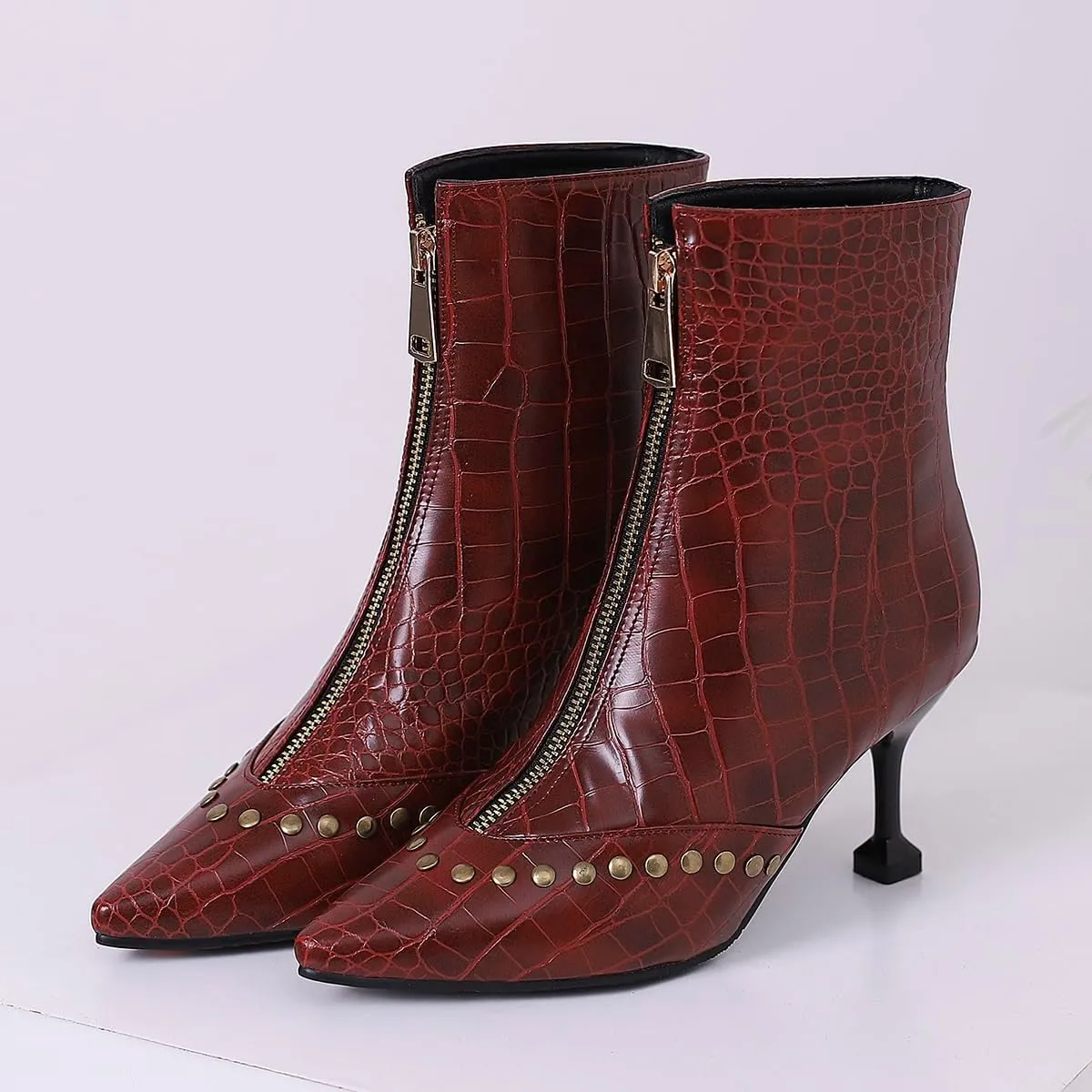 Rivet Studded Ankle Boots Stiletto High Heels Front Zipper Snakeskin Booties
