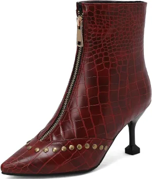 Rivet Studded Ankle Boots Stiletto High Heels Front Zipper Snakeskin Booties