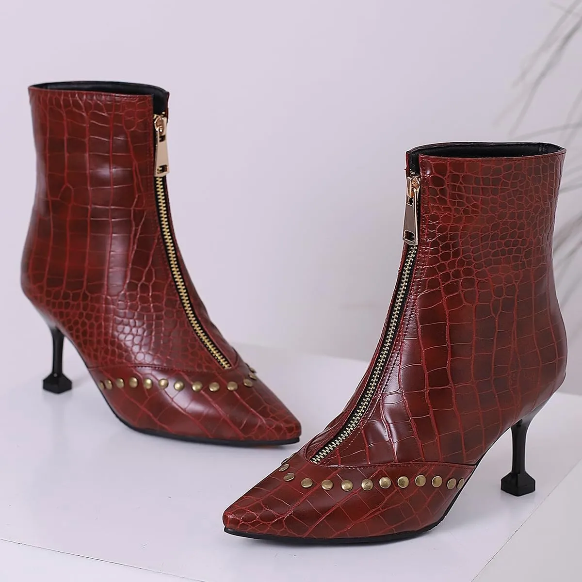 Rivet Studded Ankle Boots Stiletto High Heels Front Zipper Snakeskin Booties