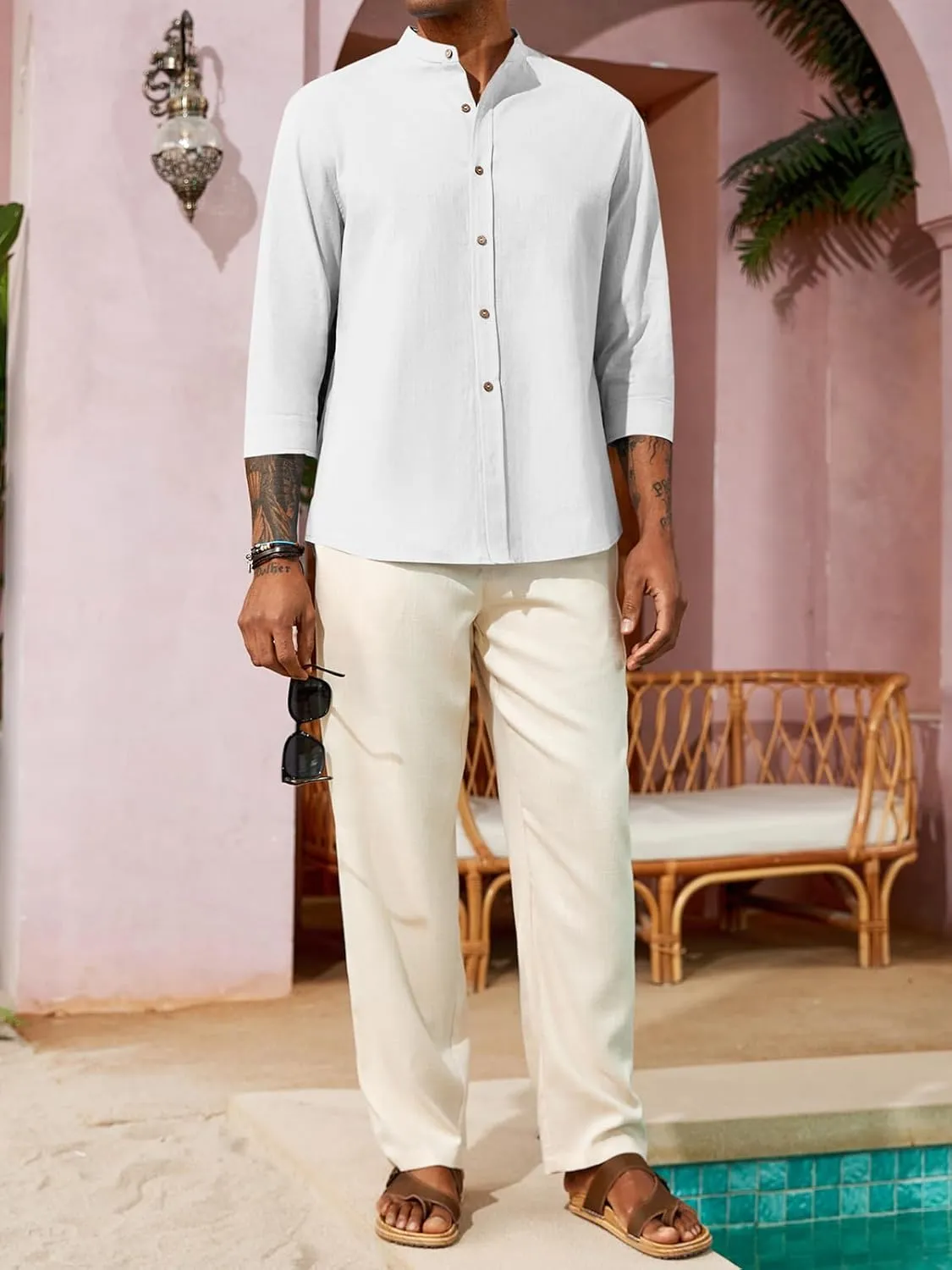 Runcati Mens Casual Linen Shirts 3/4 Sleeve Button Down Banded Collar Summer Beach Shirt