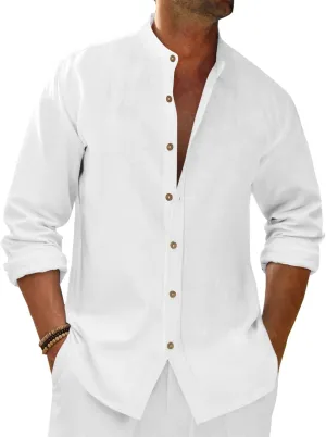 Runcati Mens Casual Linen Shirts 3/4 Sleeve Button Down Banded Collar Summer Beach Shirt