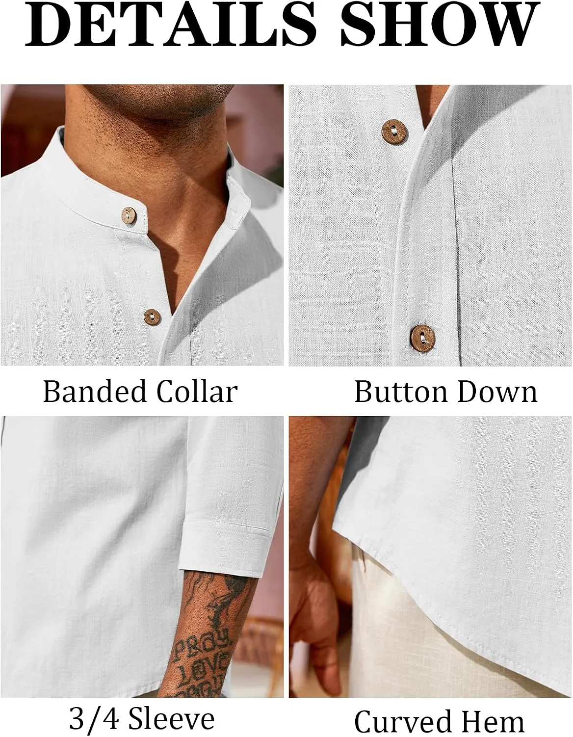 Runcati Mens Casual Linen Shirts 3/4 Sleeve Button Down Banded Collar Summer Beach Shirt