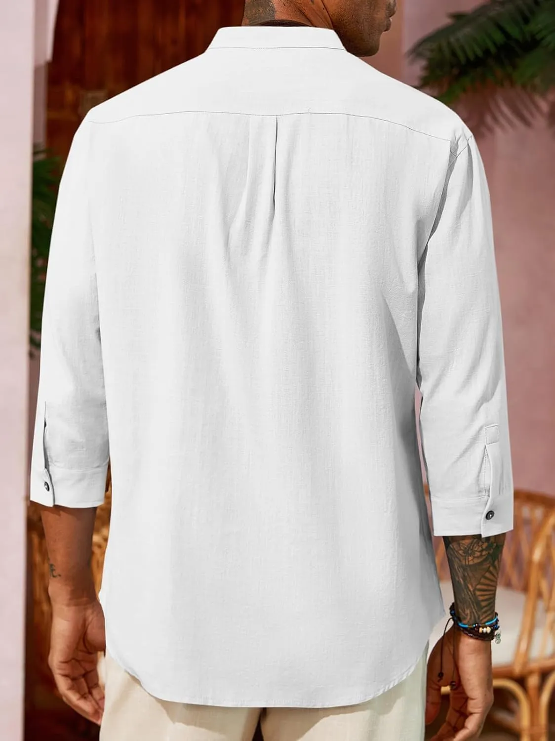 Runcati Mens Casual Linen Shirts 3/4 Sleeve Button Down Banded Collar Summer Beach Shirt
