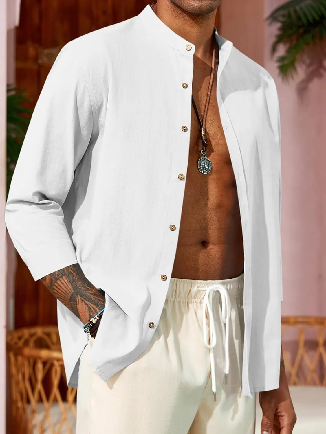 Runcati Mens Casual Linen Shirts 3/4 Sleeve Button Down Banded Collar Summer Beach Shirt