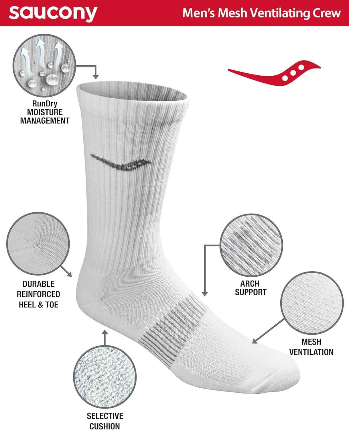 Saucony Men's RunDry Mesh Ventilating Comfort Fit Performance Crew Socks, Available in L-XL (3, 6, 12 Pairs)