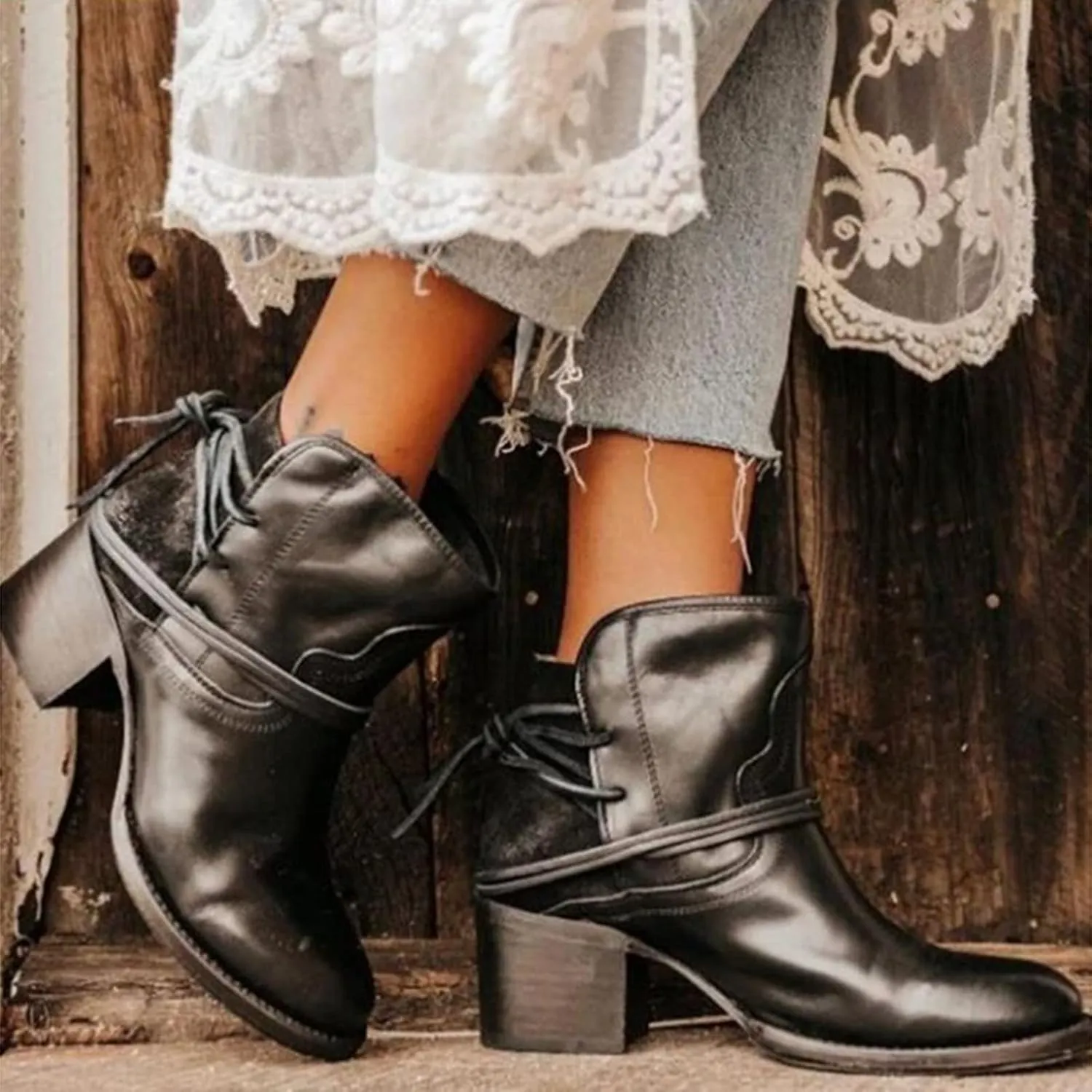 SBGMoSJ Black Lace Up Ankle Boots Women's Fashion Ankle Boots Chunky High Heel Booties Black Booties for Women Chunky Heel Women Booties Ankle Boot Women Low Heel