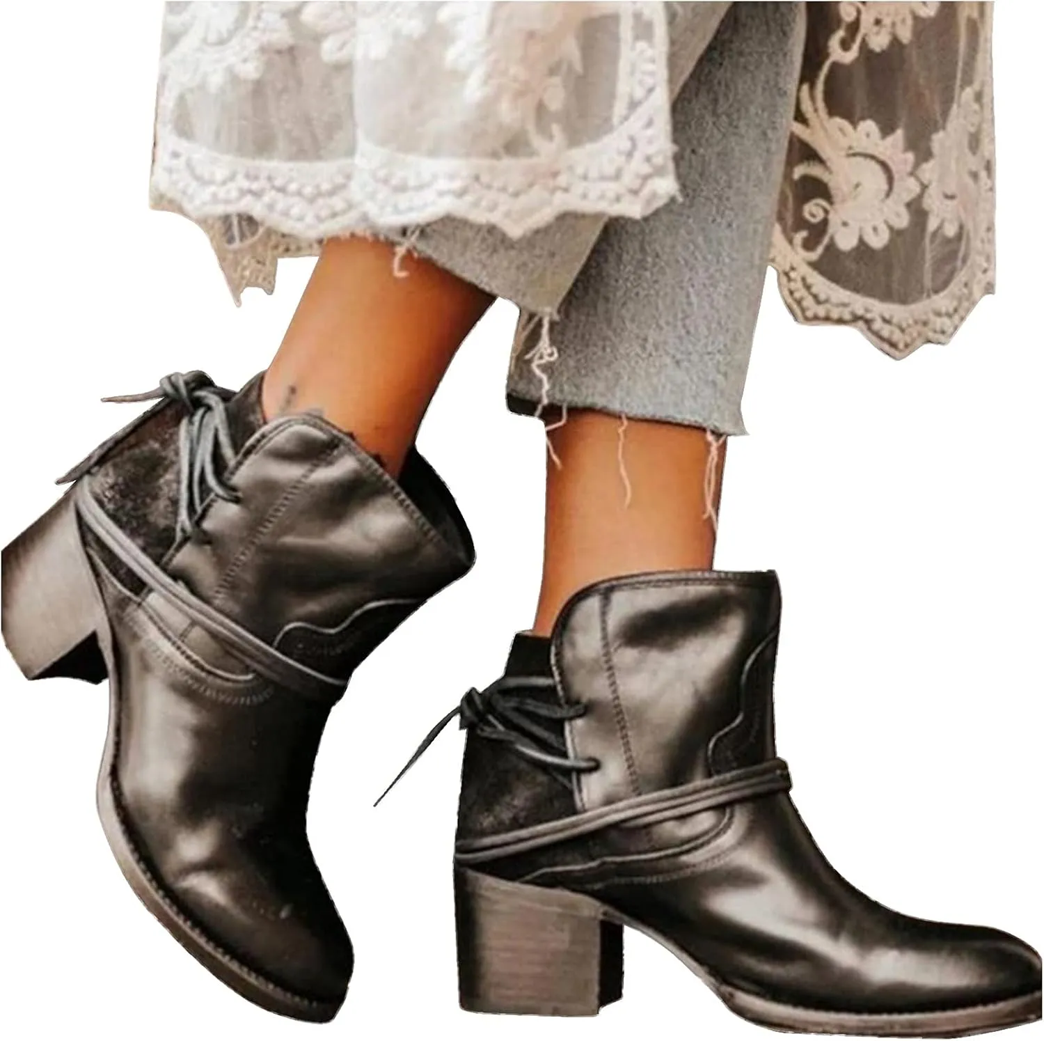 SBGMoSJ Black Lace Up Ankle Boots Women's Fashion Ankle Boots Chunky High Heel Booties Black Booties for Women Chunky Heel Women Booties Ankle Boot Women Low Heel