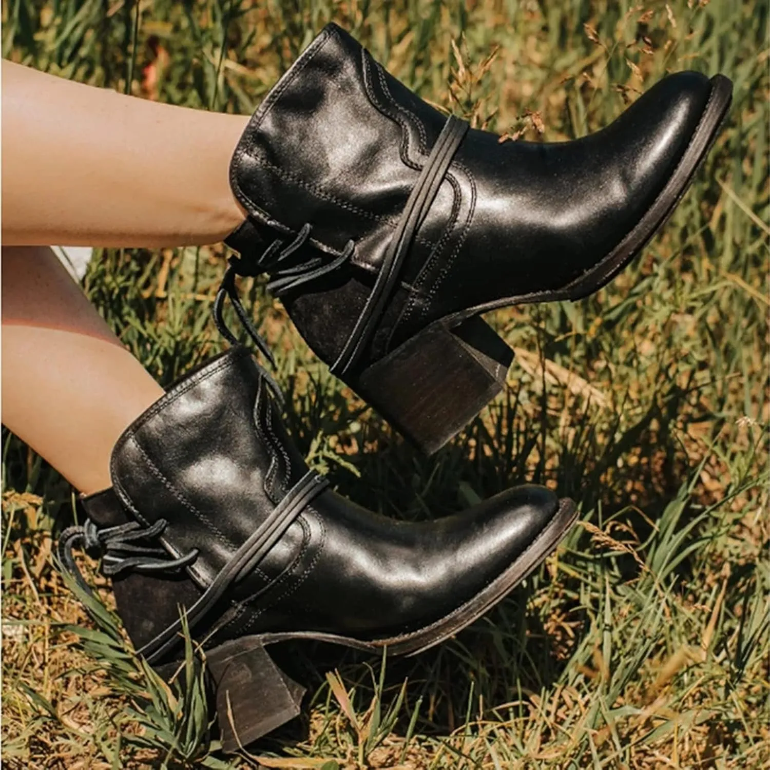 SBGMoSJ Black Lace Up Ankle Boots Women's Fashion Ankle Boots Chunky High Heel Booties Black Booties for Women Chunky Heel Women Booties Ankle Boot Women Low Heel