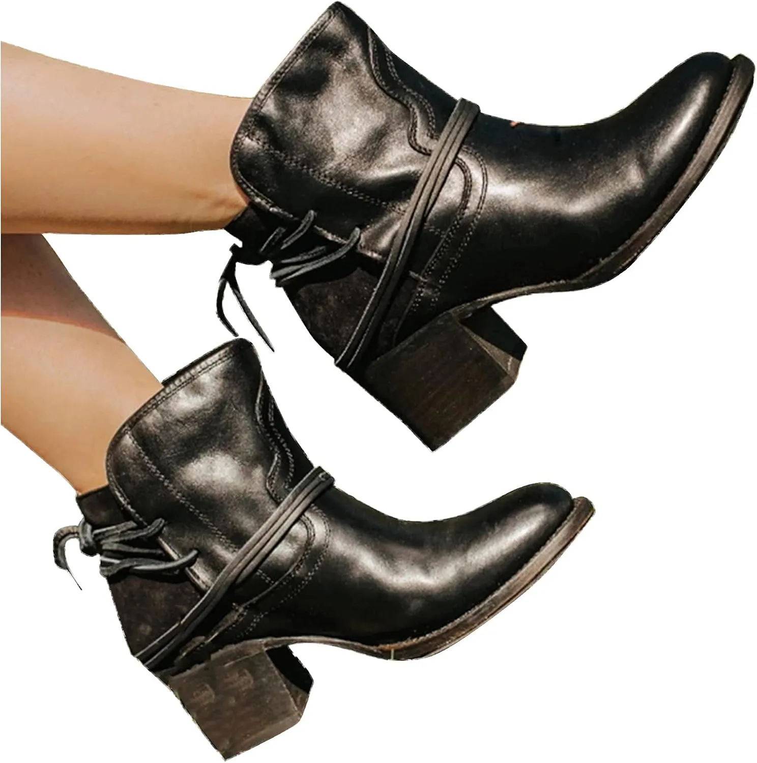 SBGMoSJ Black Lace Up Ankle Boots Women's Fashion Ankle Boots Chunky High Heel Booties Black Booties for Women Chunky Heel Women Booties Ankle Boot Women Low Heel