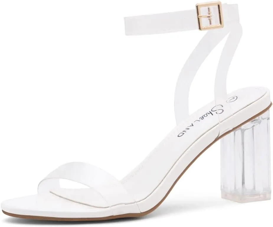 Shoe Land CLLAARY-L Womens Clear Heel Sandals Open Toe Ankle Strap Chunky Low Heeled Dress Party Pump Shoes