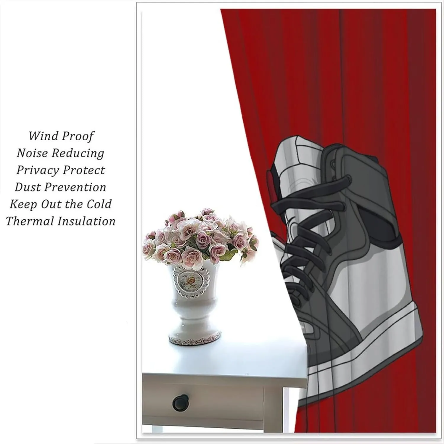Shoes Boys Curtains, Cool Red Grey Sports Sneaker Footwear Retro Basketball Shoes Print Blackout Window Curtains Drapes for Kids Teens Bedroom Living Room, 42" W X 45" L
