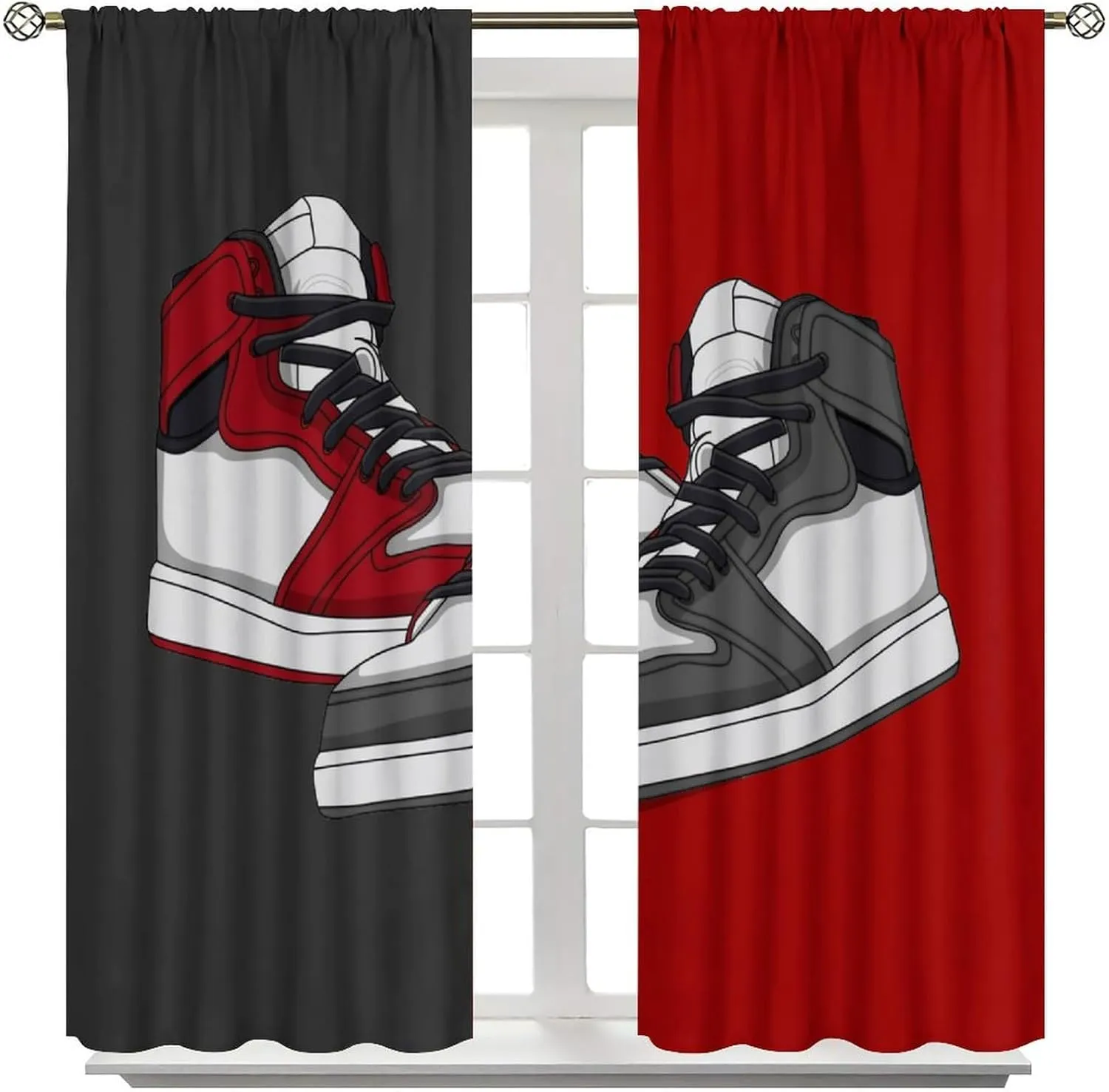 Shoes Boys Curtains, Cool Red Grey Sports Sneaker Footwear Retro Basketball Shoes Print Blackout Window Curtains Drapes for Kids Teens Bedroom Living Room, 42" W X 45" L