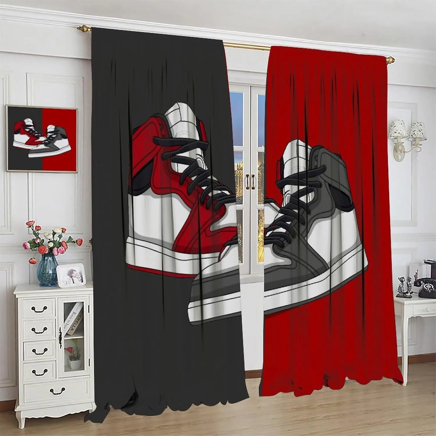 Shoes Boys Curtains, Cool Red Grey Sports Sneaker Footwear Retro Basketball Shoes Print Blackout Window Curtains Drapes for Kids Teens Bedroom Living Room, 42" W X 45" L