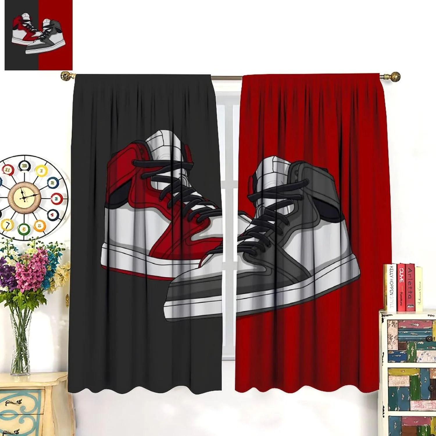 Shoes Boys Curtains, Cool Red Grey Sports Sneaker Footwear Retro Basketball Shoes Print Blackout Window Curtains Drapes for Kids Teens Bedroom Living Room, 42" W X 45" L