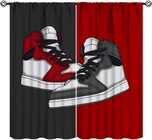 Shoes Boys Curtains, Cool Red Grey Sports Sneaker Footwear Retro Basketball Shoes Print Blackout Window Curtains Drapes for Kids Teens Bedroom Living Room, 42" W X 45" L