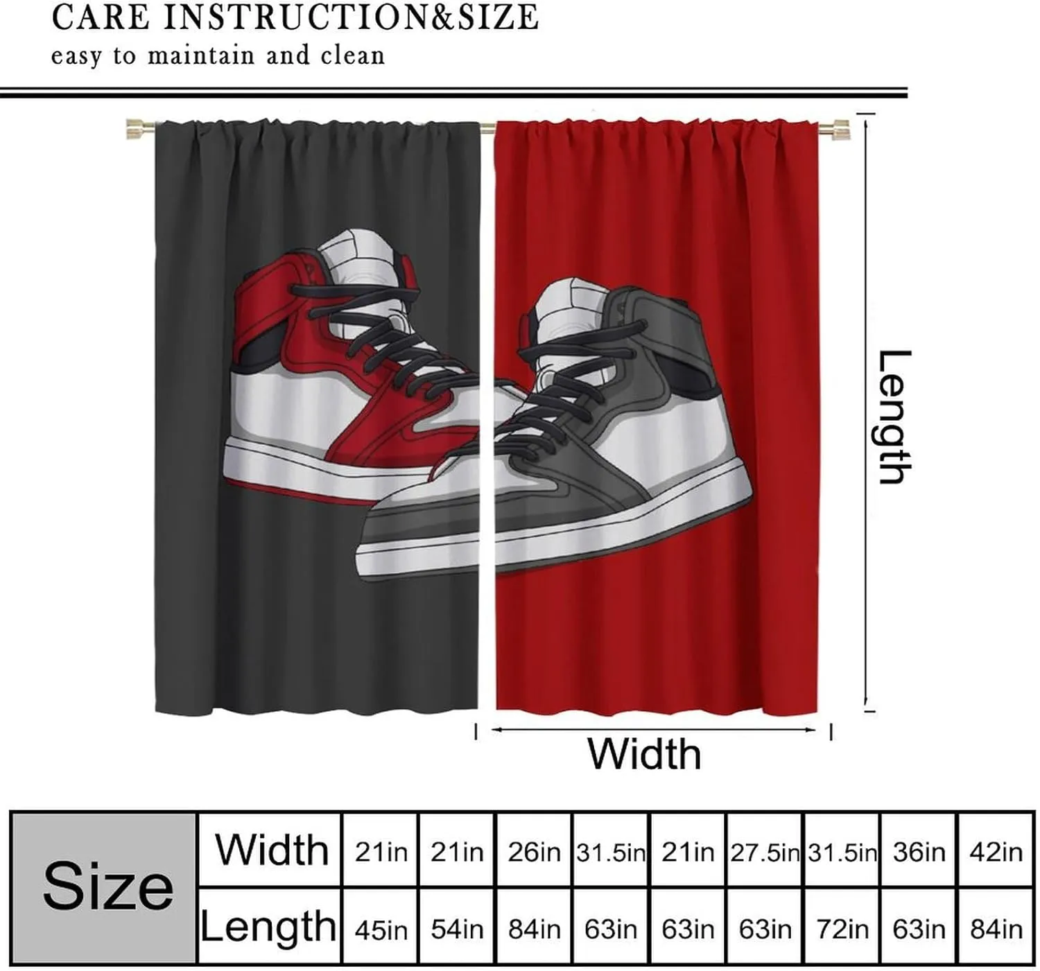 Shoes Boys Curtains, Cool Red Grey Sports Sneaker Footwear Retro Basketball Shoes Print Blackout Window Curtains Drapes for Kids Teens Bedroom Living Room, 42" W X 45" L