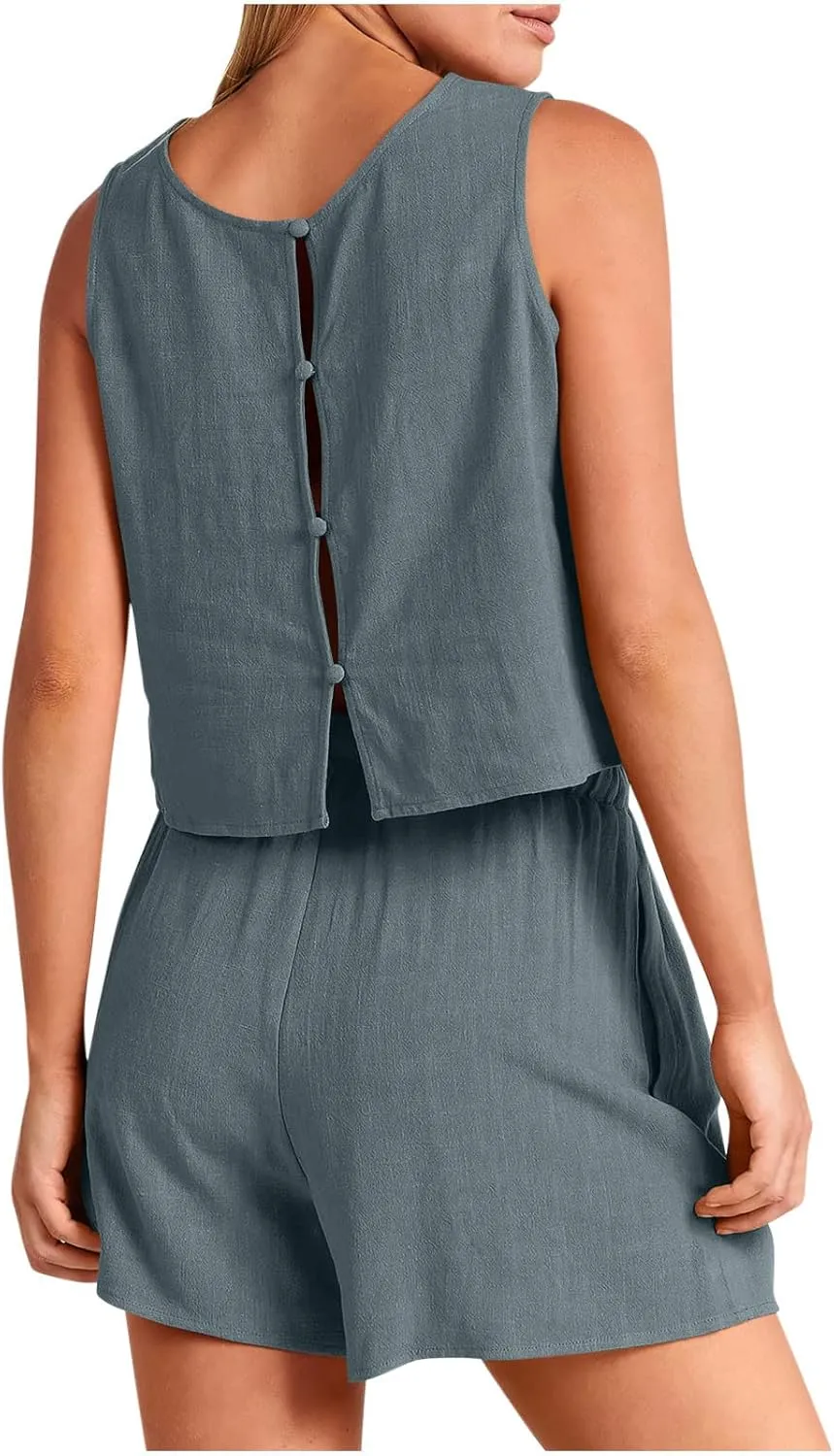 Short Sets For Women 2 Piece Vacation Outfits 2024 Summer Sleeveless Crop Top Elastic Waist Shorts Set Linen Lounge Set