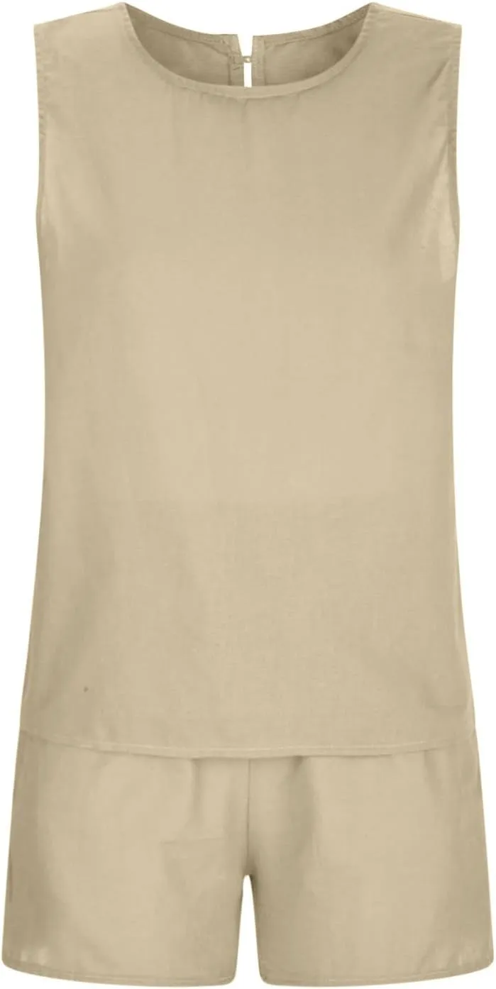 Short Sets For Women 2 Piece Vacation Outfits 2024 Summer Sleeveless Crop Top Elastic Waist Shorts Set Linen Lounge Set
