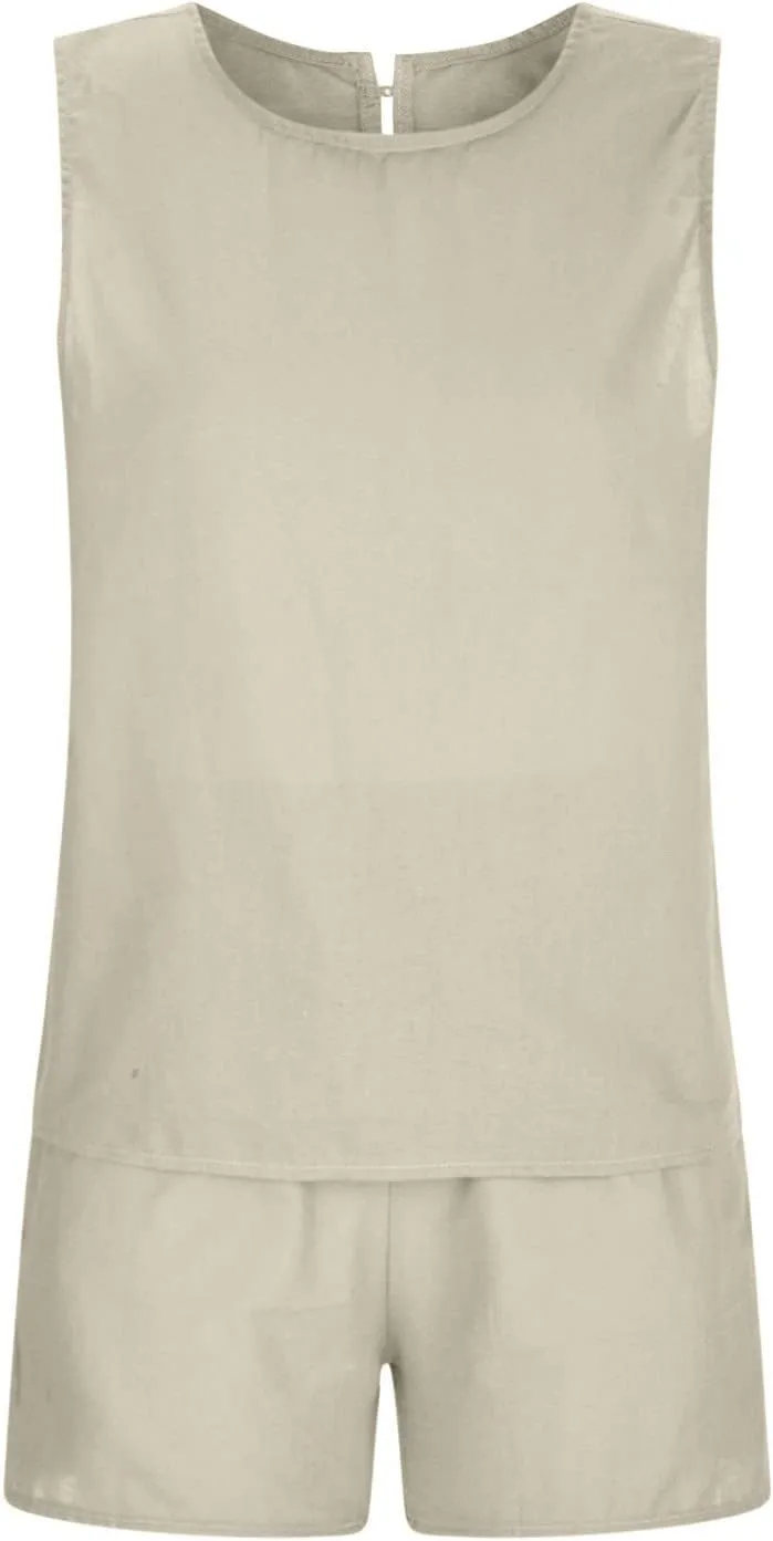 Short Sets For Women 2 Piece Vacation Outfits 2024 Summer Sleeveless Crop Top Elastic Waist Shorts Set Linen Lounge Set