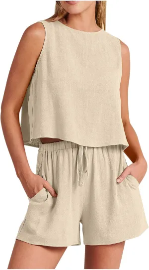 Short Sets For Women 2 Piece Vacation Outfits 2024 Summer Sleeveless Crop Top Elastic Waist Shorts Set Linen Lounge Set