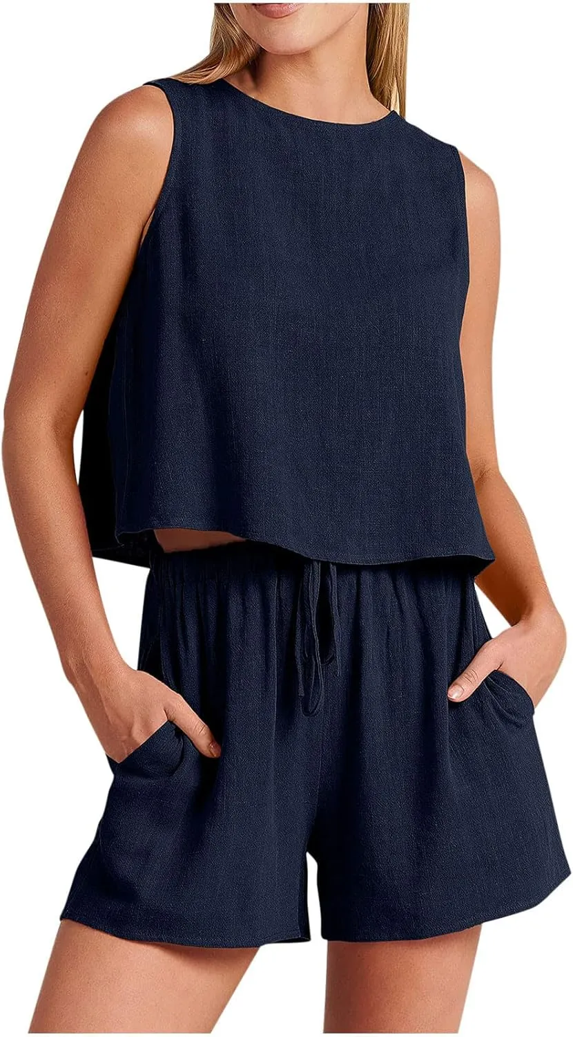 Short Sets For Women 2 Piece Vacation Outfits 2024 Summer Sleeveless Crop Top Elastic Waist Shorts Set Linen Lounge Set