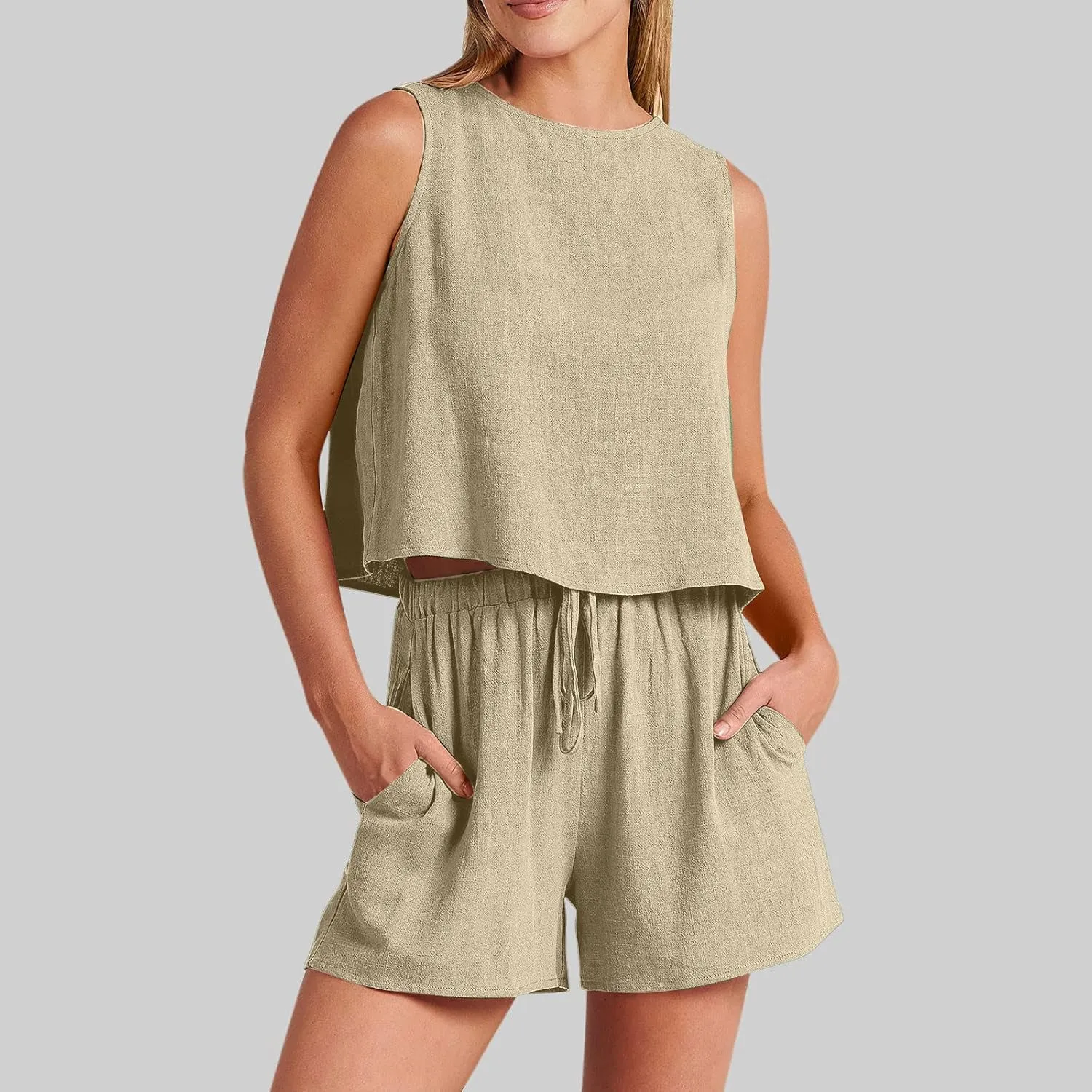 Short Sets For Women 2 Piece Vacation Outfits 2024 Summer Sleeveless Crop Top Elastic Waist Shorts Set Linen Lounge Set